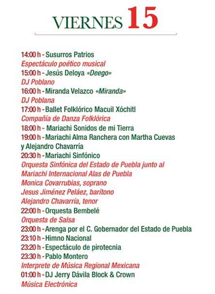 TE PRESENTAMOS la cartelera por fiestas patrias en Puebla