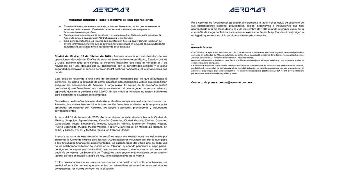 Aeromar suspende vuelos en Puebla; comunica que problemas de combustible y aeroportuarios