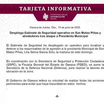 Ataque armado en Oaxaca deja sin vida a alcaldesa de San Mateo Piñas y a tres funcionarios