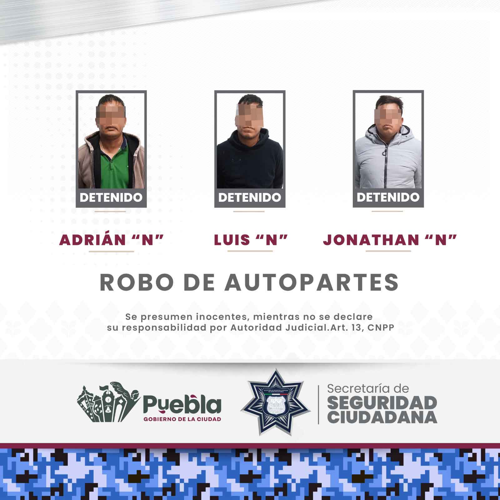 Detienen a 3 ladrones de autopartes en Puebla ligados a robo con violencia