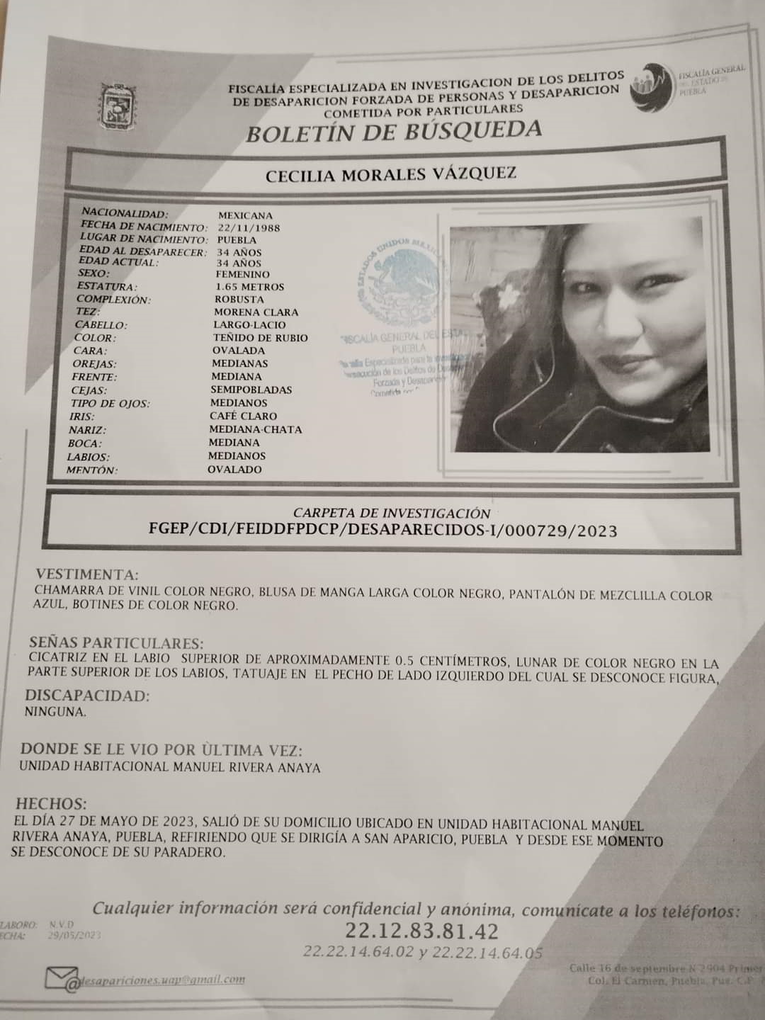 Ayuda para localizar a Cecilia Morales Vázquez desaparecida en Puebla