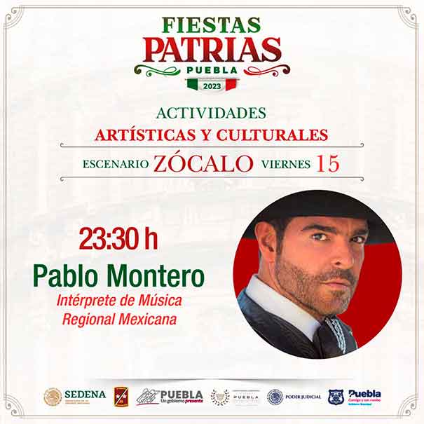 ​ Puebla, Pue. A partir de este jueves 14 y hasta el domingo 17 de septiembre, en el Centro Histórico se vivirá el folclore mexicano gracias a una agenda especial de actividades para celebrar las Fiestas Patrias 2023, con eventos gratuitos en el ‘Escenario Reforma’ –ubicado entre la 9 y 11 Norte-Sur— así como en el zócalo de la ciudad.  Te puede interesar: Estás listo para los ANTOJITOS, te decimos la variedad y sus precios Se trata de una programación llena de música regional, mariachi, danza folclórica, coros rancheros y ritmos varios, que el Instituto Municipal de Arte y Cultura (IMACP) ha organizado para que el grito de ‘Viva México’ se entone con orgullo y tradición.    En el Escenario Reforma, las presentaciones artísticas se vivirán únicamente el 14 y 15 de septiembre, de las 13:00 y las 20:00 horas en ambas fechas, donde destacan las interpretaciones de Guadalupe ‘La Pilla’ Gómez, Los Jijos del Son, Alma Delia ‘La Chula de Puebla’ y Los Gladiadores.    A su vez, desde el zócalo de la ciudad la música en vivo y la danza regional podrán disfrutarse del 14 al 17 de septiembre, en horarios variables; Pablo Montero, DJ Pelos, Jesús Dávila, Makupa, Grupo Arrebato, Ballet Folclórico Nahui Ollin, Orquesta Bembelé y Axolote, son algunos de los artistas que deleitarán al público poblano con sus performances.    La programación a detalle puede encontrarse en la página pueblacapital.gob.mx, así como en las redes sociales del Ayuntamiento: @PueblaAyto y @IMACP.             *BC  ​