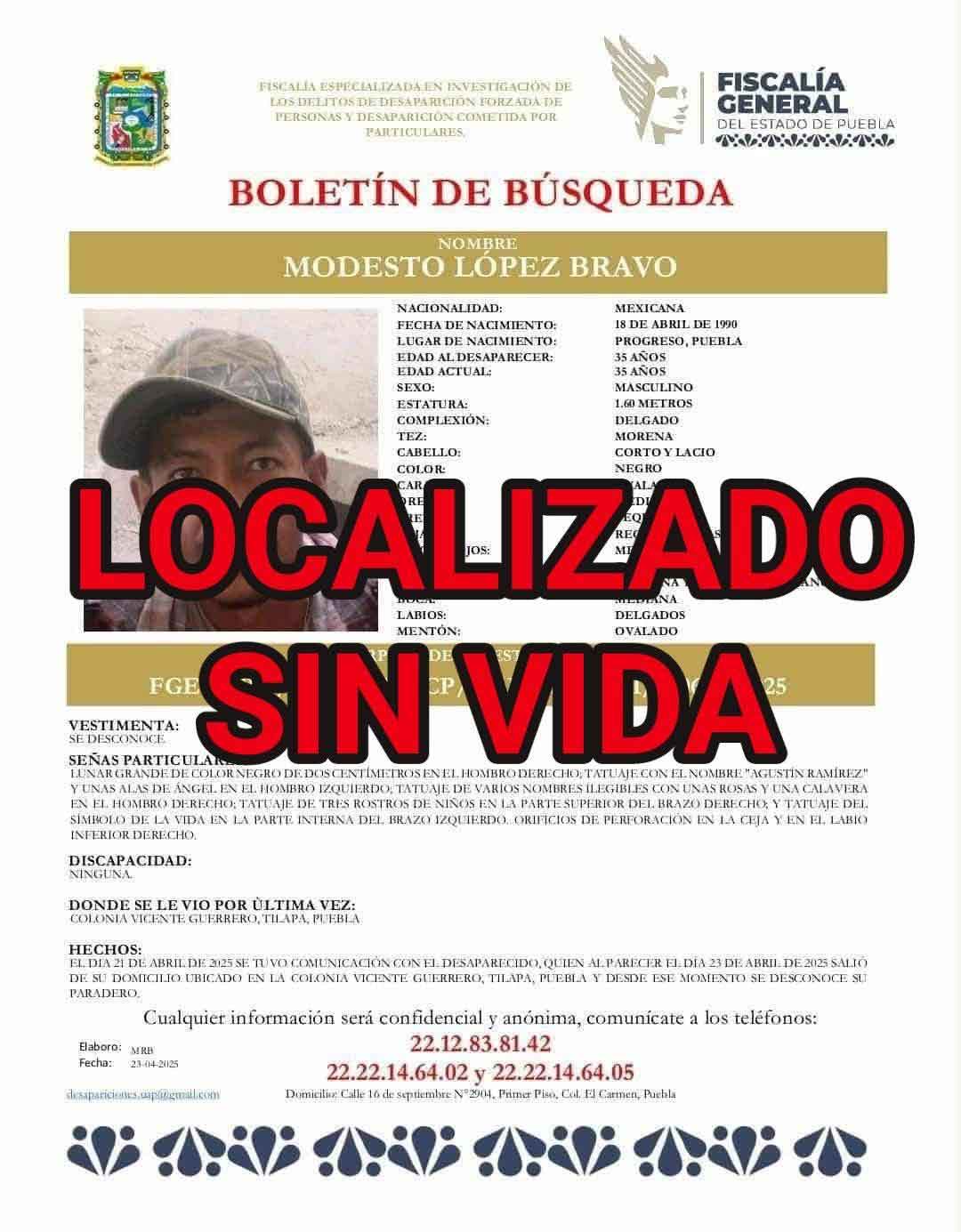 Modesto, desaparecido el 22 de abril, víctima de homicidio en Tilapa