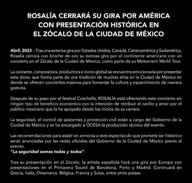 Rosalía no recibirá ni un peso por su concierto en Zócalo y esta es la razón