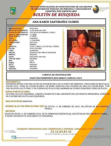 Se pide el apoyo para encontrar a niña de 15 años desaparecida en Izúcar