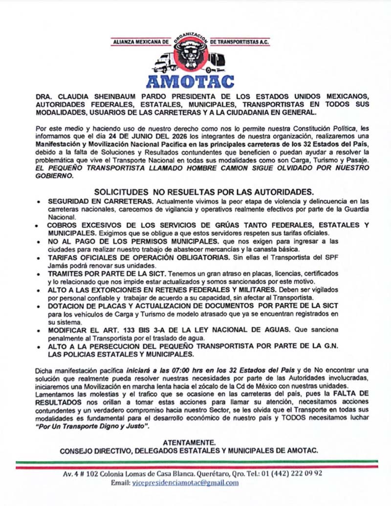 AMOTAC anuncia megamarcha nacional de transportistas: fechas, horarios y carreteras bloqueadas