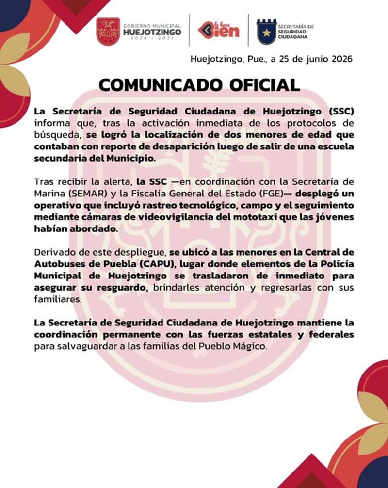 Aparecen en la CAPU dos menores desaparecidas de Huejotzingo