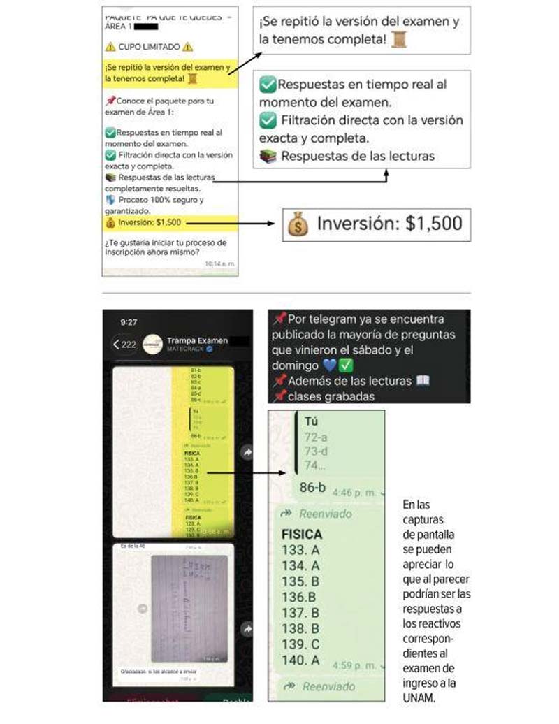 Grupos de WhatsApp y Telegram ofrecieron durante el examen de admisi贸n de la UNAM supuestas respuestas, reactivos filtrados y asistencia en tiempo real a cambio de pagos de hasta 4 mil pesos