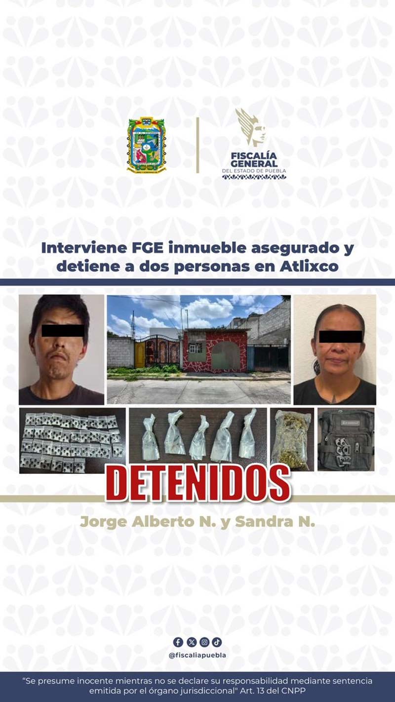 Atlixco: operativo policial deja dos detenidos y decomiso de droga
