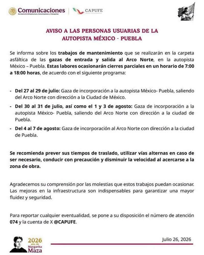 Las obras se realizarán del 27 de julio al 7 de agosto y podrían generar retrasos para los automovilistas