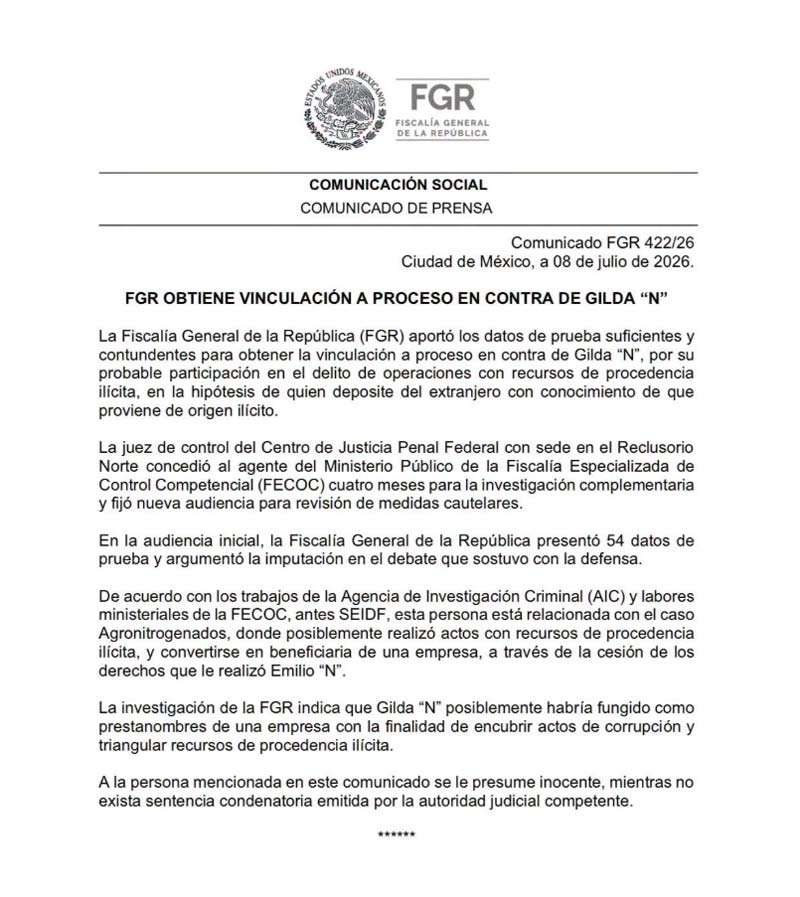 Caso Agronitrogenados: vinculan a proceso a Gilda "N", hermana de Emilio Lozoya