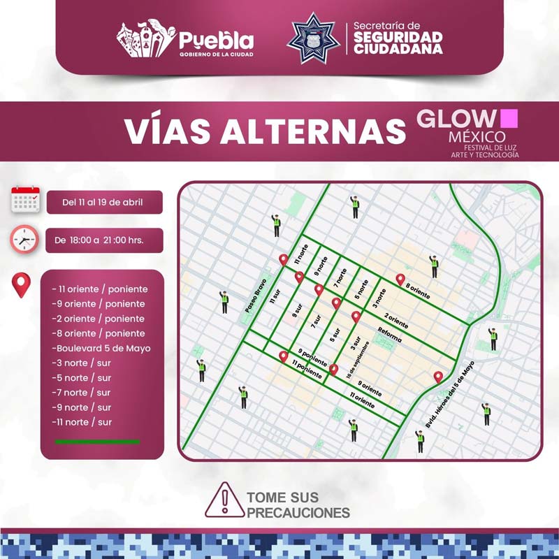 Cierres viales del 11 al 19 de abril por el Festival Glow México en el centro histórico
