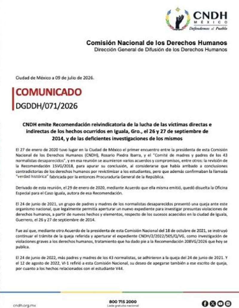 CNDH da un giro al caso Ayotzinapa; excluye a la SEDENA de su recomendación