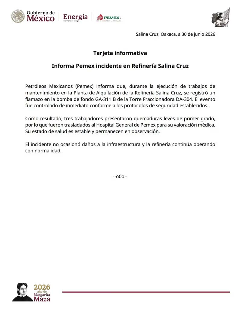 "Flamazo" en refinería de Pemex en Salina Cruz deja tres trabajadores con quemaduras