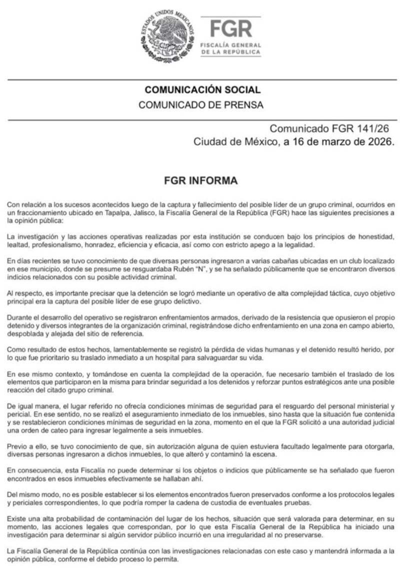 Inseguridad en la zona impidió a FGR custodiar cabañas de “El Mencho”