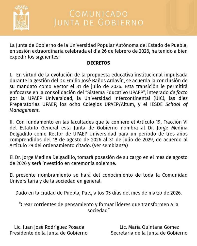 La Upaep tendrá nuevo rector en agosto; Emilio Baños asumirá cargo rectoral nacional