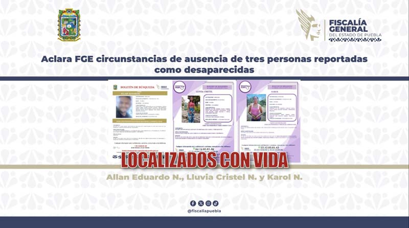 Localiza la FGE Puebla a tres personas reportadas como desaparecidas; confirman ausencias voluntarias