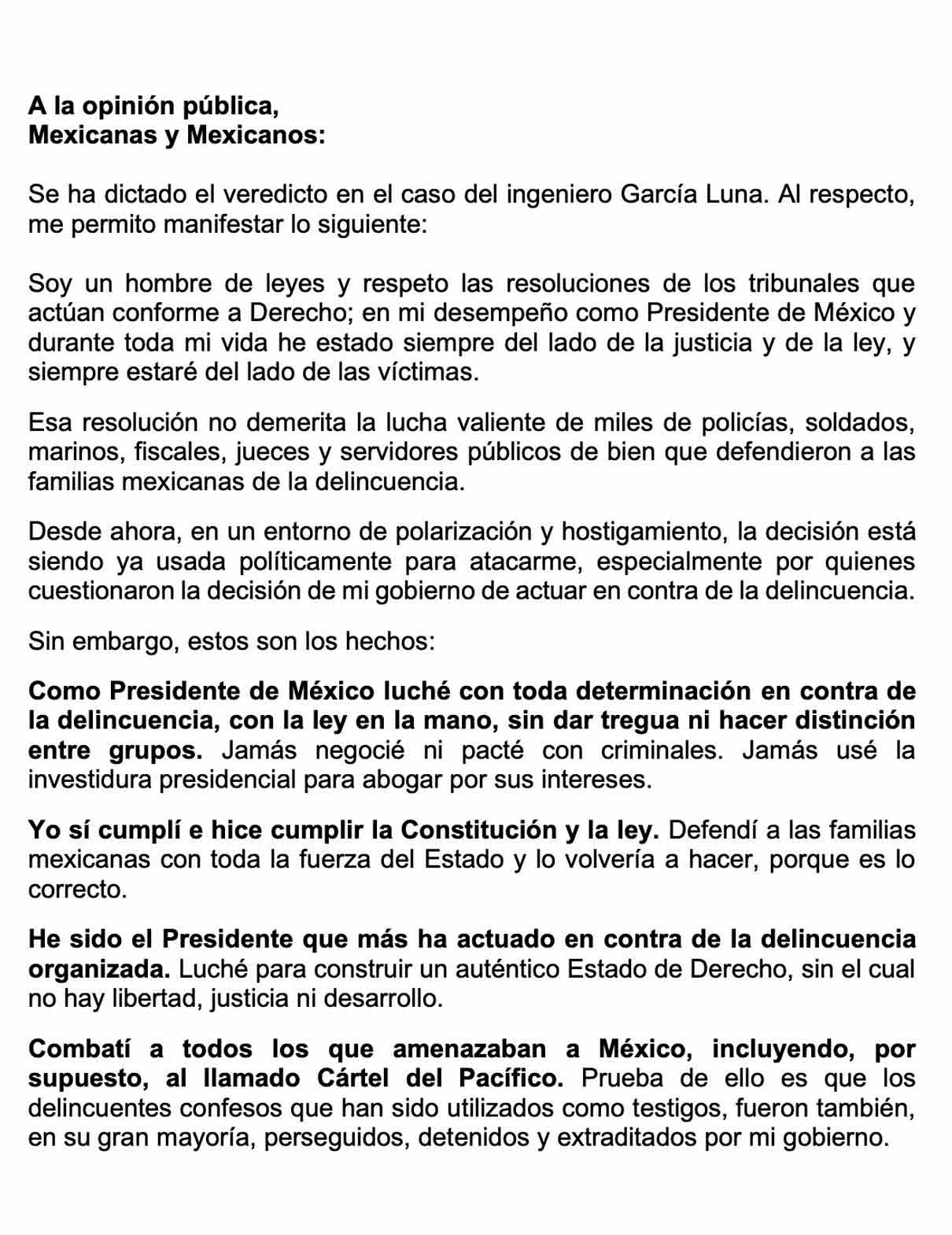 Mensaje de Calderón