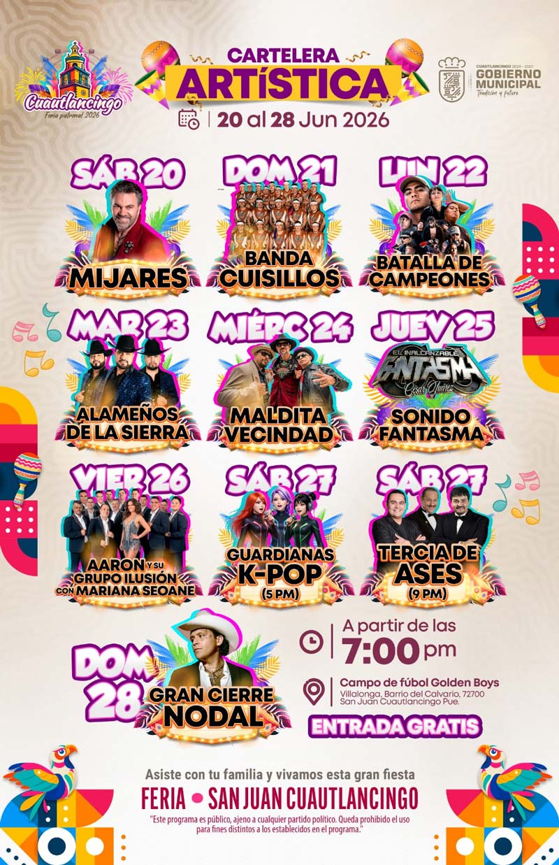 Mijares, Nodal y Maldita Vecindad encabezan la Feria Cuautlancingo 2026 del 20 al 28 de junio