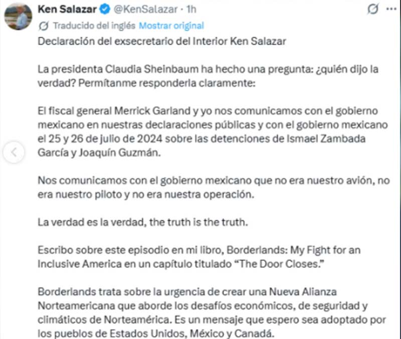 "No fue nuestro avión, ni nuestra operación": Ken Salazar responde a la FGR por la captura de "El Mayo" Zambada