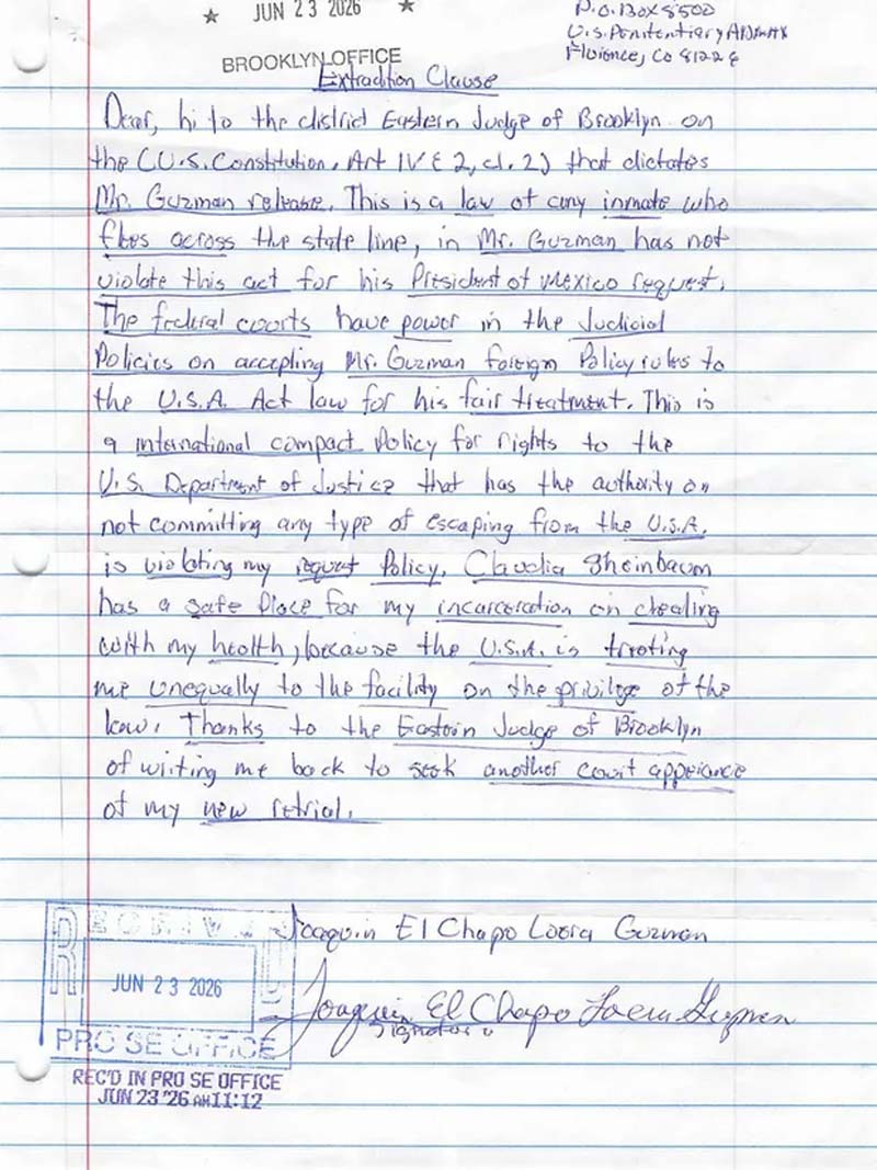 El Chapo asegura que Sheinbaum “tiene un lugar seguro para su encarcelamiento” en NUEVA CARTA