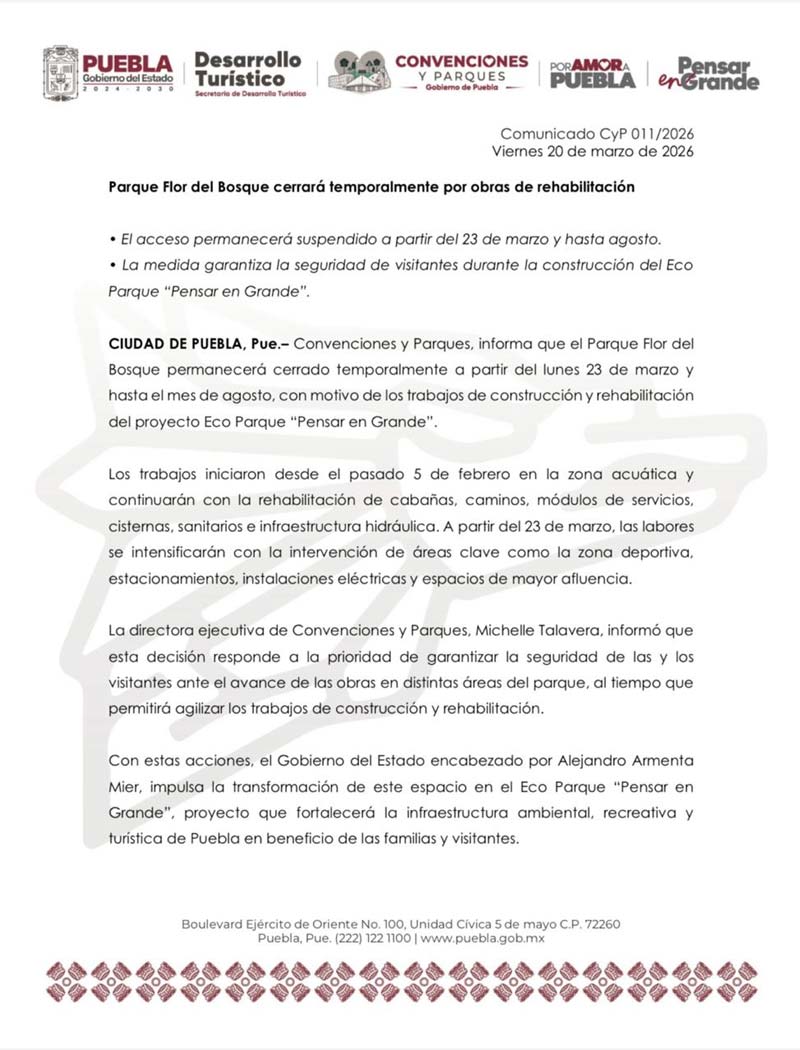 Obras obligan cierre del Parque Flor del Bosque; reabrirá hasta agosto