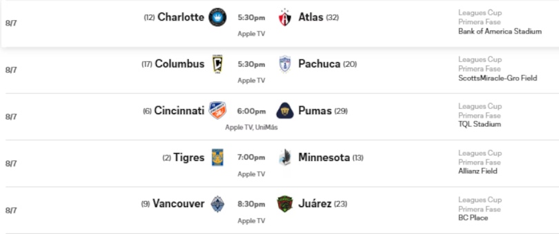 Partidos para hoy Viernes 7 de agosoto