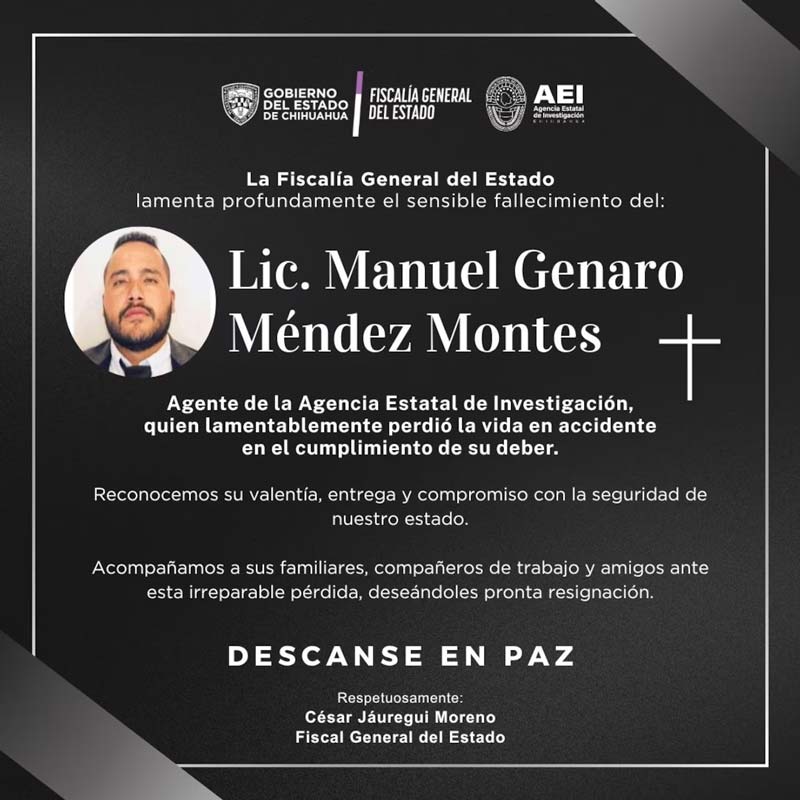 <blockquote class="twitter-tweet"><p lang="es" dir="ltr">Lamentamos profundamente la trágica pérdida de dos miembros del personal de la Embajada de los Estados Unidos, del Director de la Agencia Estatal de Investigación (AEI) de Chihuahua y de un elemento de dicha agencia en este accidente. Reconocemos su dedicación y sus incansables…</p>— Embajador Ronald Johnson (@USAmbMex) <a href="https://twitter.com/USAmbMex/status/2045966644187722038?ref_src=twsrc%5Etfw">April 19, 2026</a></blockquote> <script async src="https://platform.twitter.com/widgets.js" charset="utf-8"></script>