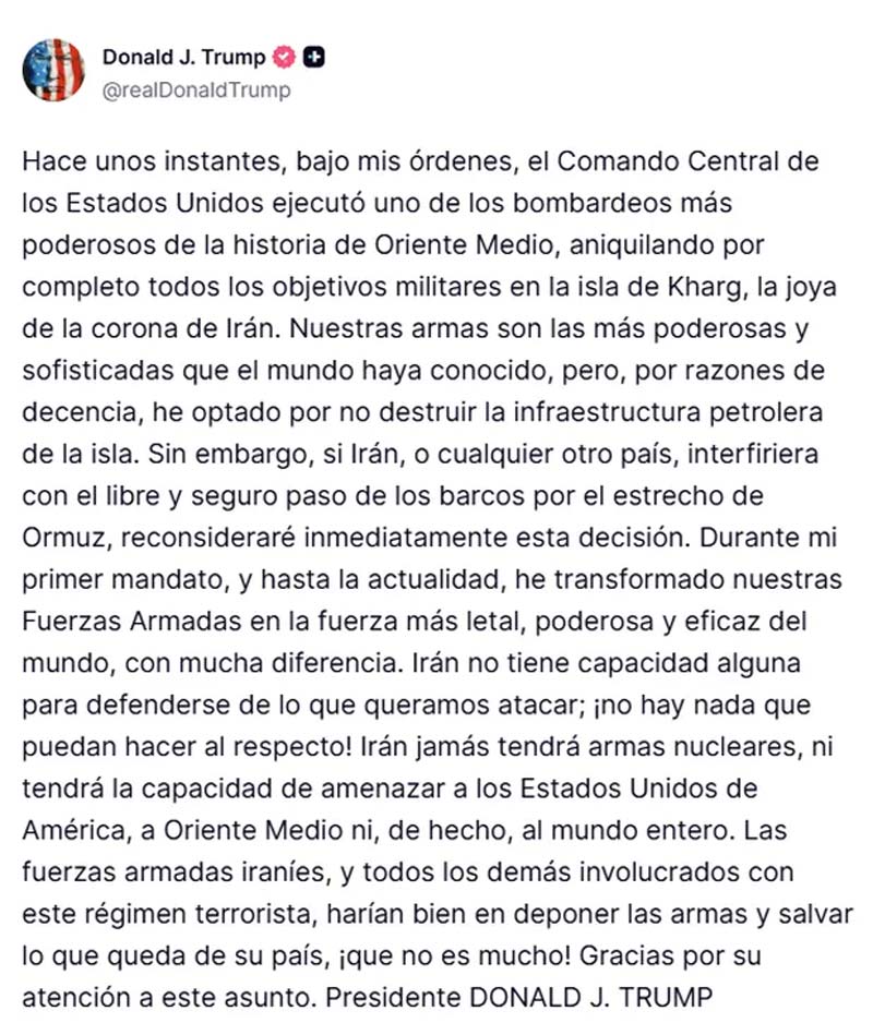 Trump presume devastador bombardeo en la isla iraní de Kharg: “Destruimos todos los objetivos militares”
