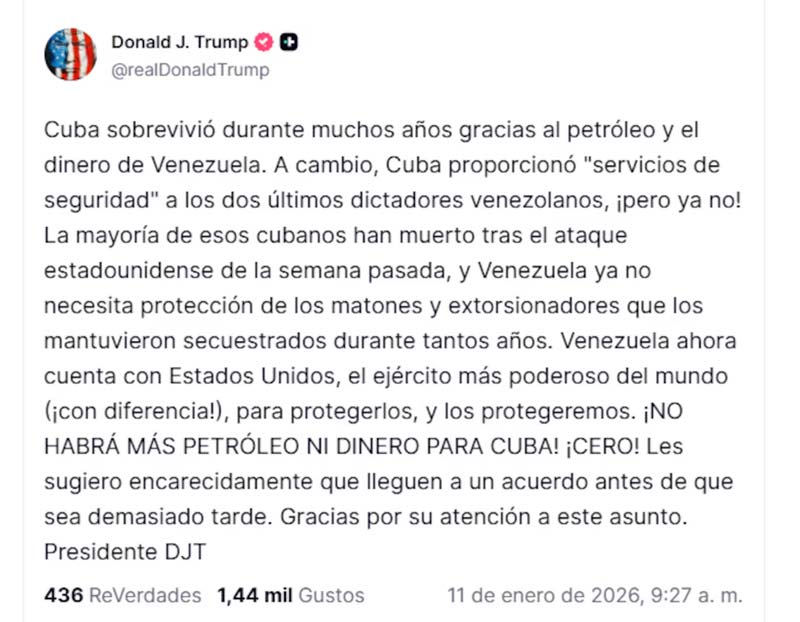Trump exige acuerdo a Cuba y advierte: “Cero petróleo y cero dinero”