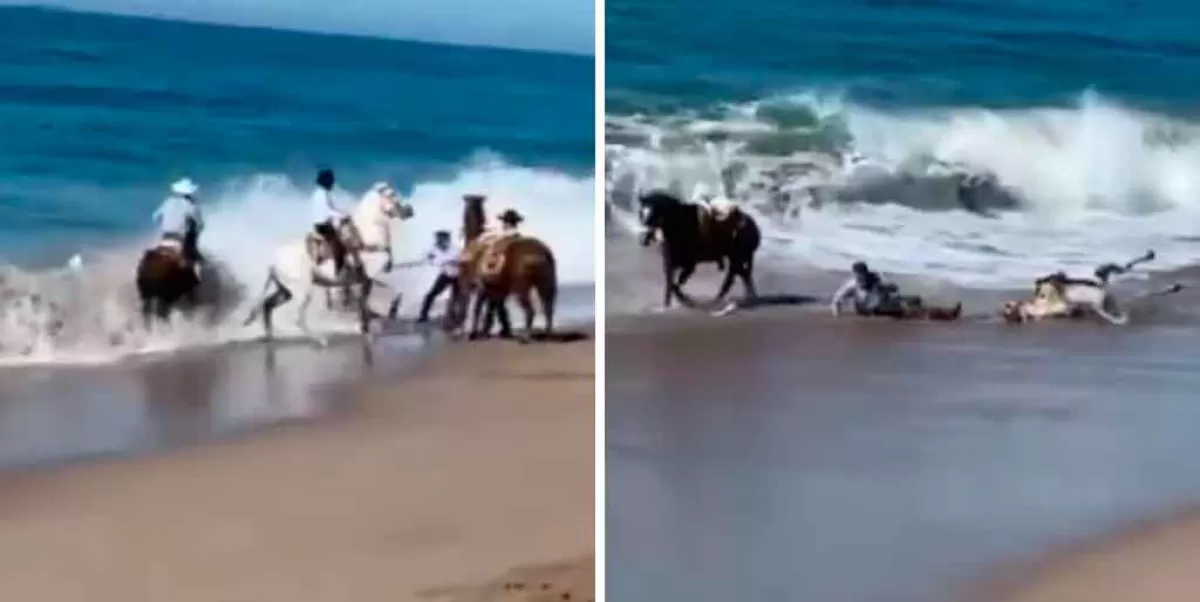Jinetes y caballos son arrastrados por el mar en Mazatlán, Sinaloa