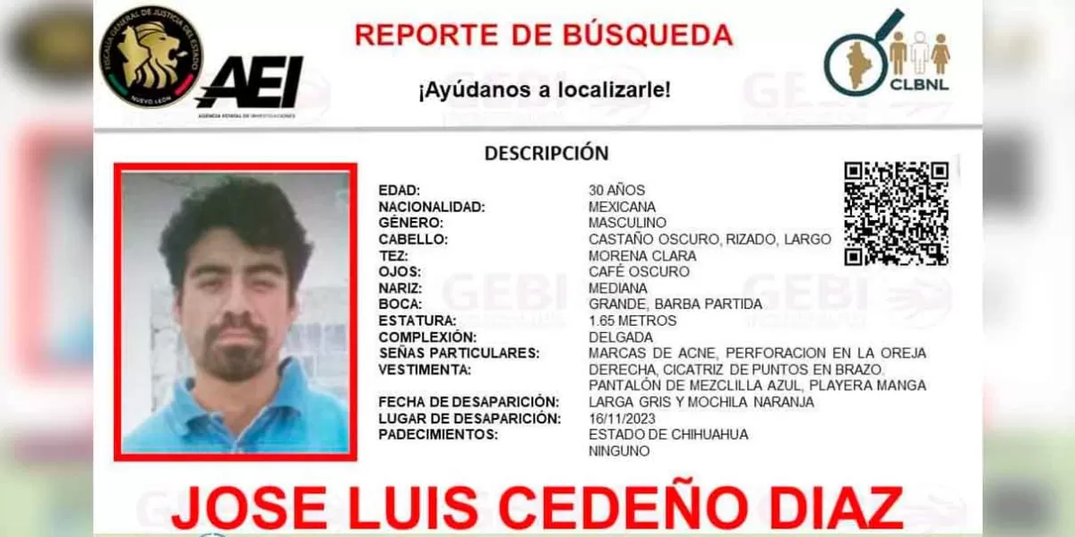 Se busca a un José Luis Cedeño desaparecido en Chihuahua