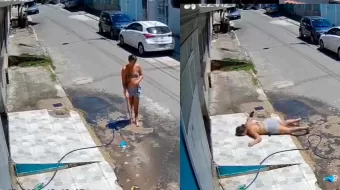 VIDEO. Mujer derrocha agua afuera de su casa y sufre terrible caída