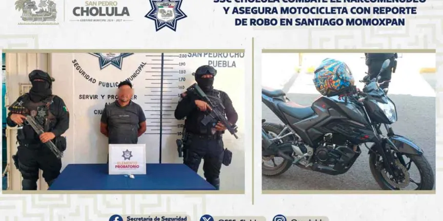 SSC Cholula combate el narcomenudeo y asegura motocicleta con reporte de robo en Santiago Momoxpan