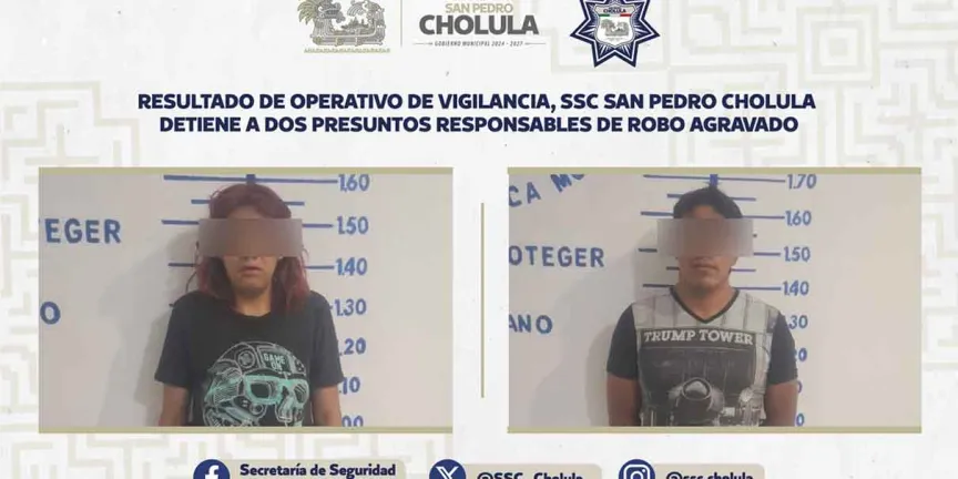 SSC Cholula captura a pareja por presunto robo agravado en Zerezotla